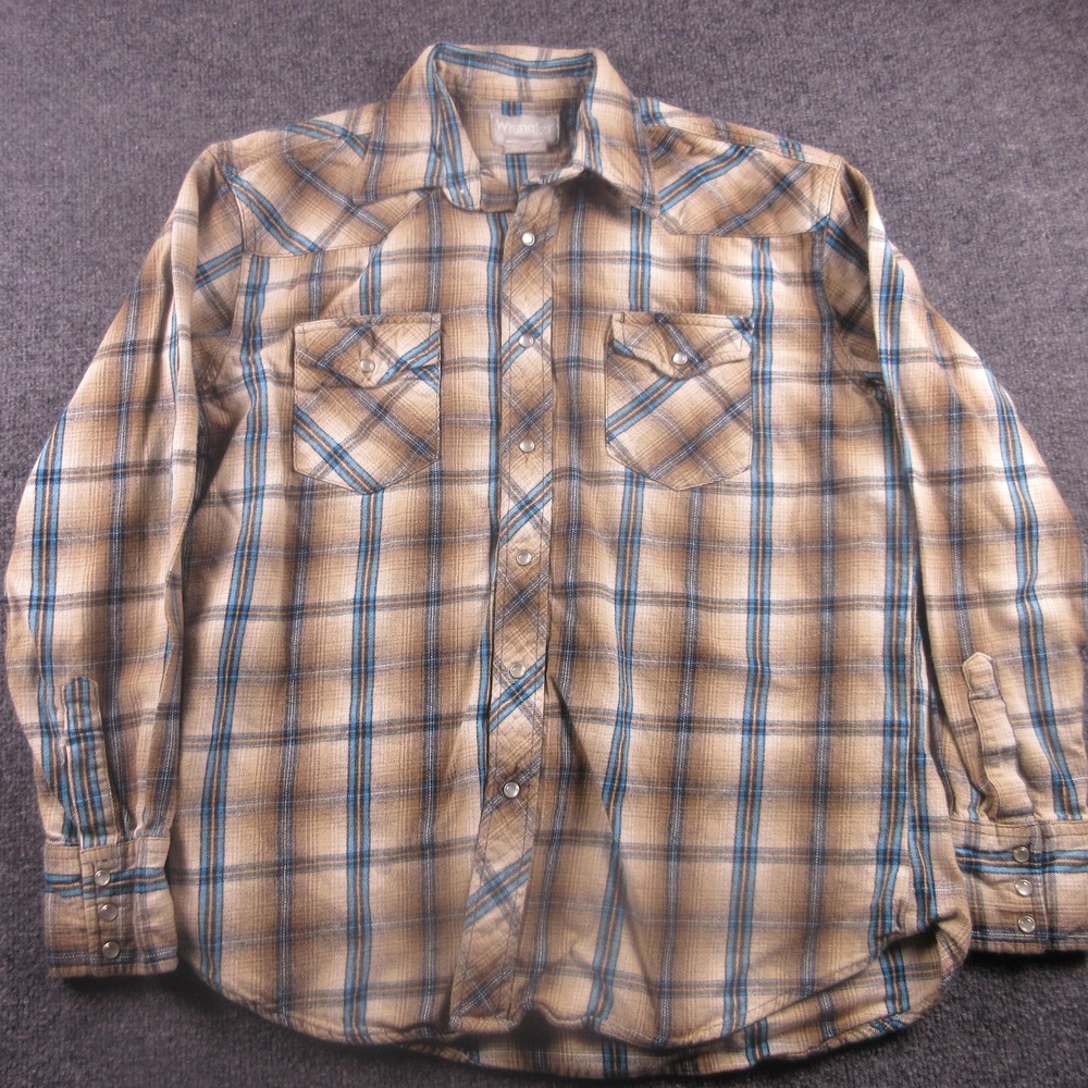 Wrangler‎ Shirt Mens Large Beige Plaid Flannel Long Sleeve Snap Western Pockets